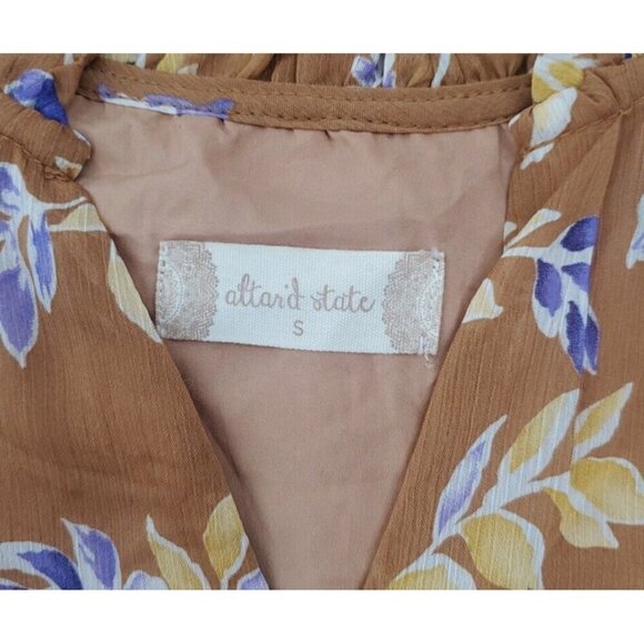 Altar'd State Dress Womens S Brown Floral Tiered Peasant Sleeve Mini Boho Puff - Picture 2 of 10